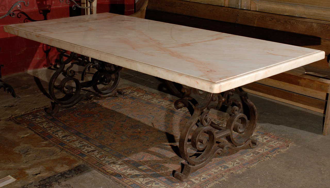Late 19th.C. Mediterranean Marble Top  Wrought Iron Dining Table.