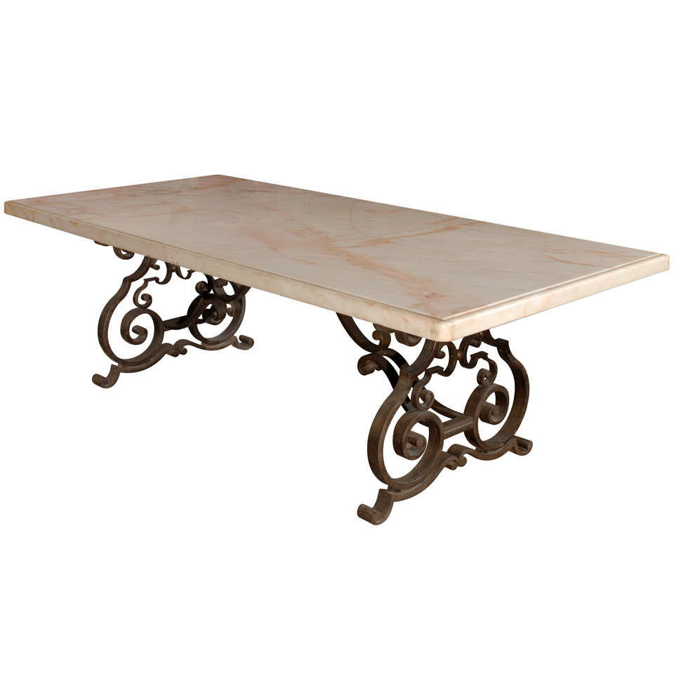 Late 19th.C. Mediterranean Marble Top  Wrought Iron Dining Table. For Sale