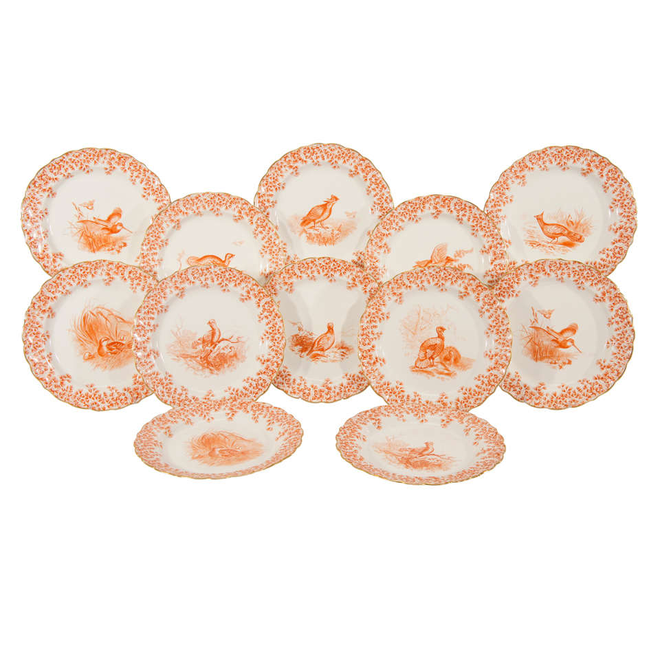 This fabulous set is complete with 12 plates, a rectangular platter and gravy boat with matching under plate. The border is decorated in transfer applied bittersweet orange with shaped rims and encircling maidenhair ferns. Each piece has a central