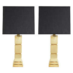 Modernist Cubist Style Polished Brass Table Lamps