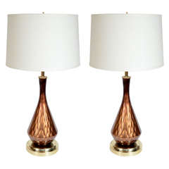 Used Pair of Mid-Century Copper Hand-Blown Murano Glass Lamps