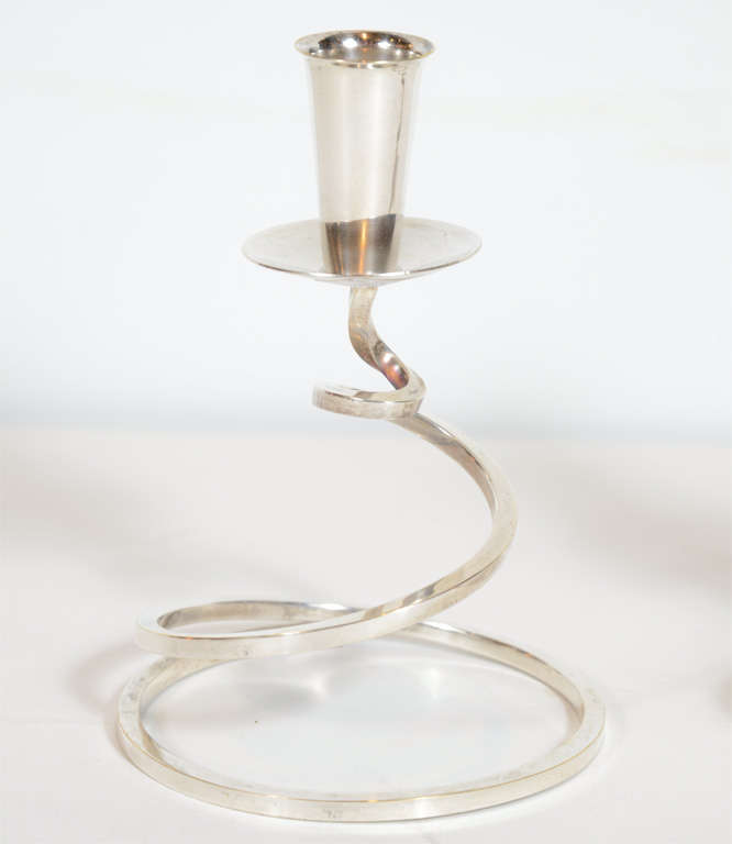 Pair of Modernist silver plated spiral candle stands by Fisher. These would make a fantastic center piece or accent pieces.