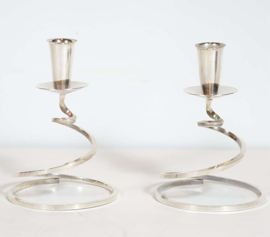 Mid-Century Modern Pair of Modernist Silver Plated Candle Stands by Fisher