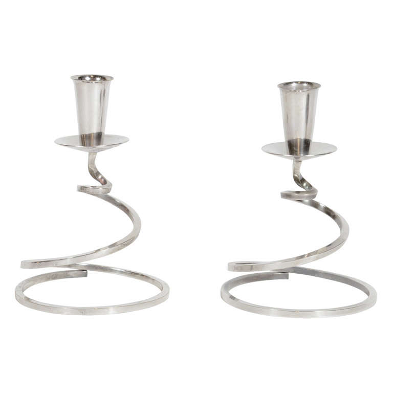 Pair of Modernist Silver Plated Candle Stands by Fisher