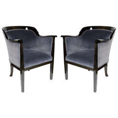Pair of Art Deco Club Chairs in Ebonized Walnut with Grey Mohair