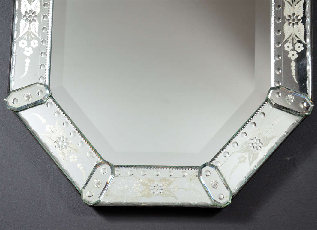 Italian Art Deco Venetian Mirror with Reverse Etched Detailing & Stylized Floral Design