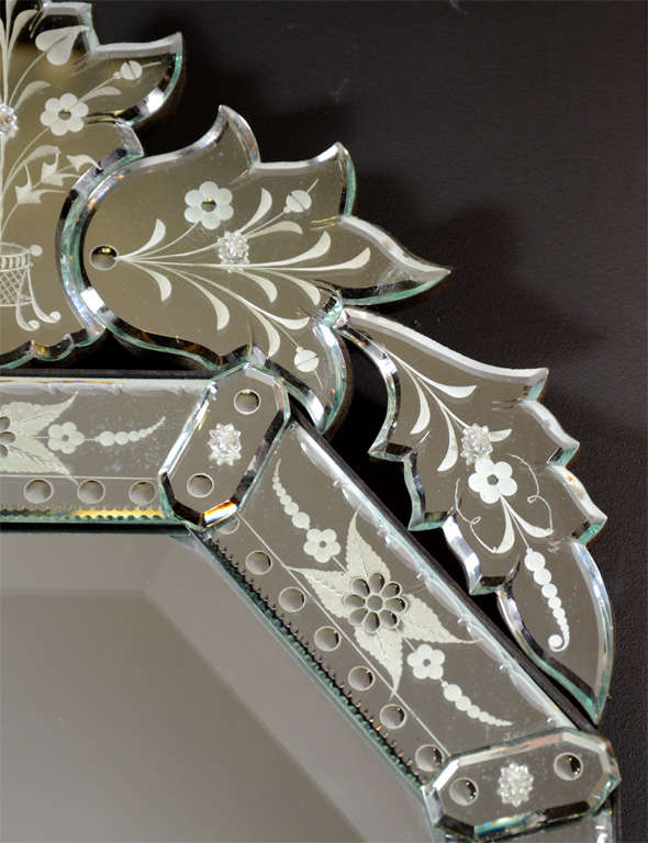 Mid-20th Century Art Deco Venetian Mirror with Reverse Etched Detailing & Stylized Floral Design
