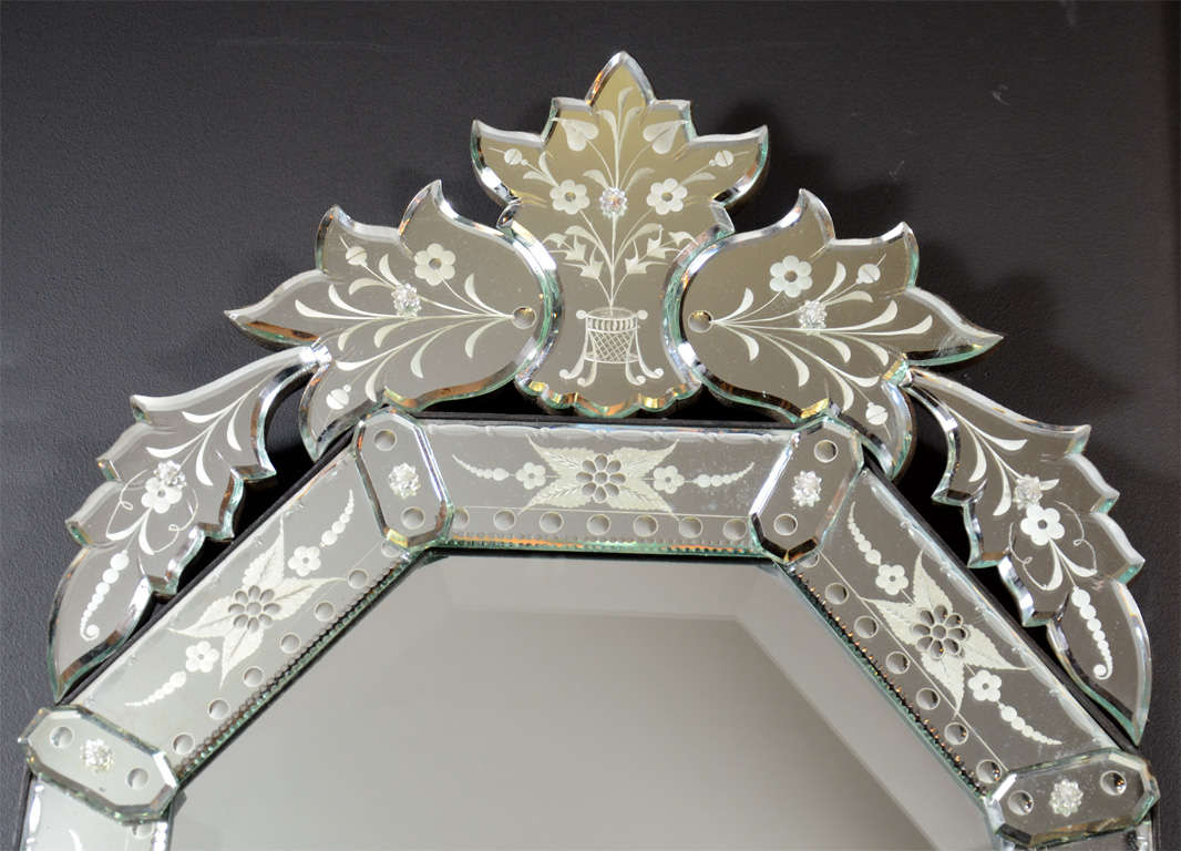 Art Deco Venetian Mirror with Reverse Etched Detailing & Stylized Floral Design 1