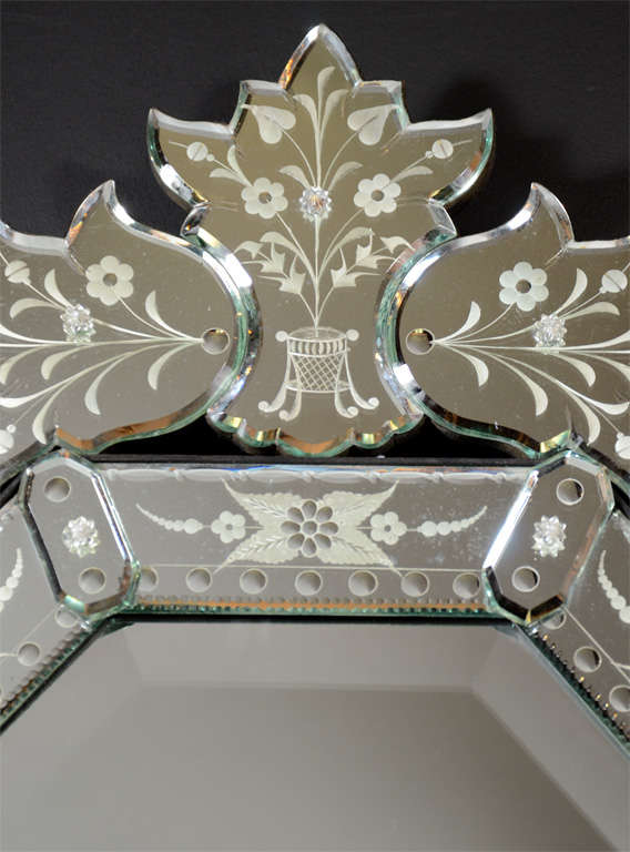 Art Deco Venetian Mirror with Reverse Etched Detailing & Stylized Floral Design 2