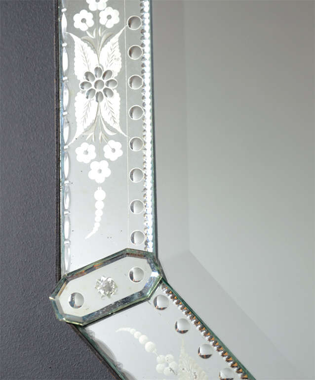 Art Deco Venetian Mirror with Reverse Etched Detailing & Stylized Floral Design 3
