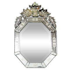 Art Deco Venetian Mirror with Reverse Etched Detailing & Stylized Floral Design