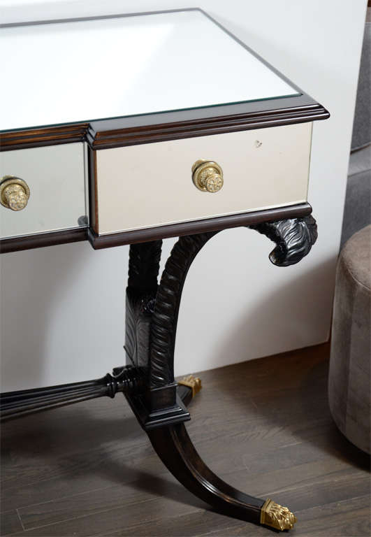 American Hollywood Mirrored Vanity by Grosfeld House in Ebonized Walnut and Brass Fitting
