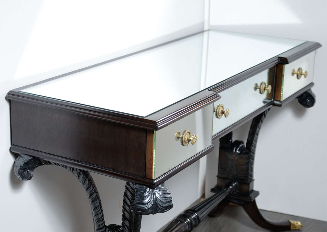 Hollywood Mirrored Vanity by Grosfeld House in Ebonized Walnut and Brass Fitting In Excellent Condition In New York, NY