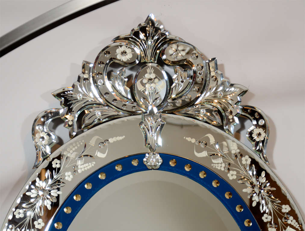 Outstanding Reverse Etched & Beveled Venetian Mirror with Inset Blue Glass Trim In Excellent Condition In New York, NY