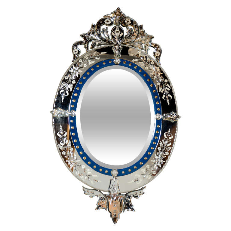 Outstanding Reverse Etched & Beveled Venetian Mirror with Inset Blue Glass Trim