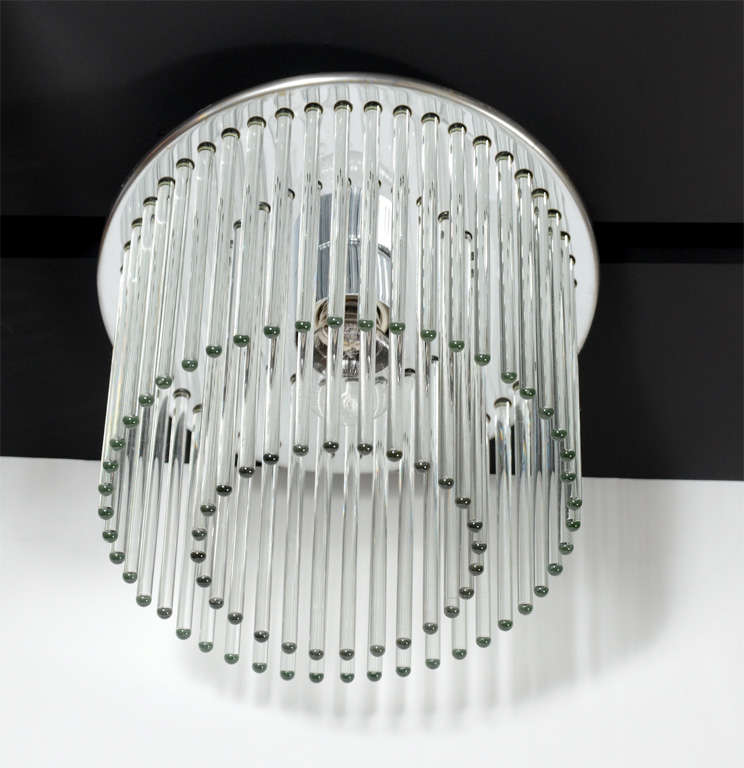 Mid-Century Modern Two-Tier Circular Glass Rod & Chrome Flush Mount Chandelier by Lightolier