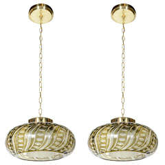Pair of Mid-Century Reverse Etched Smoked Murano Glass Pendants