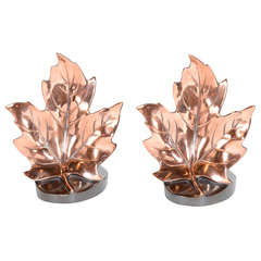 Vintage Stylized Art Deco Leaf Polished and Patinated Copper Bookends 