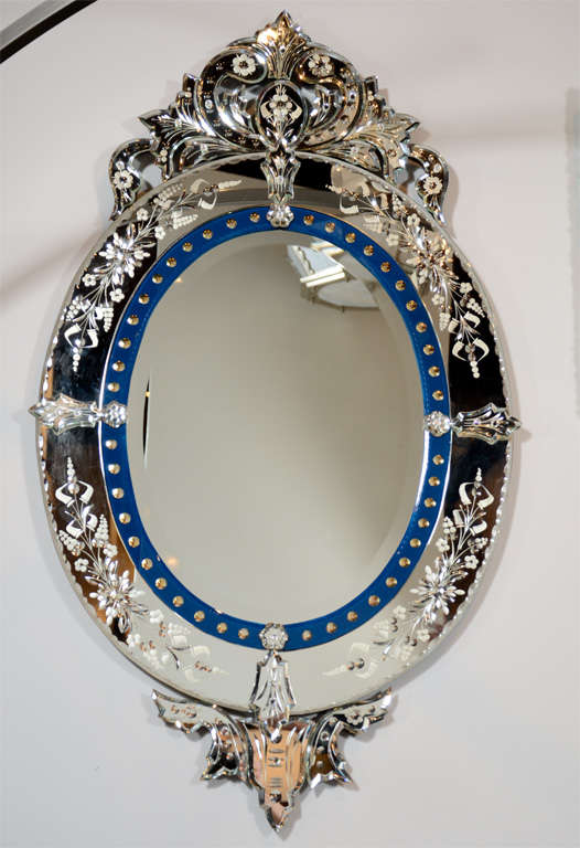 Outstanding Reverse Etched and Beveled Venetian Mirror with Inset Blue ...
