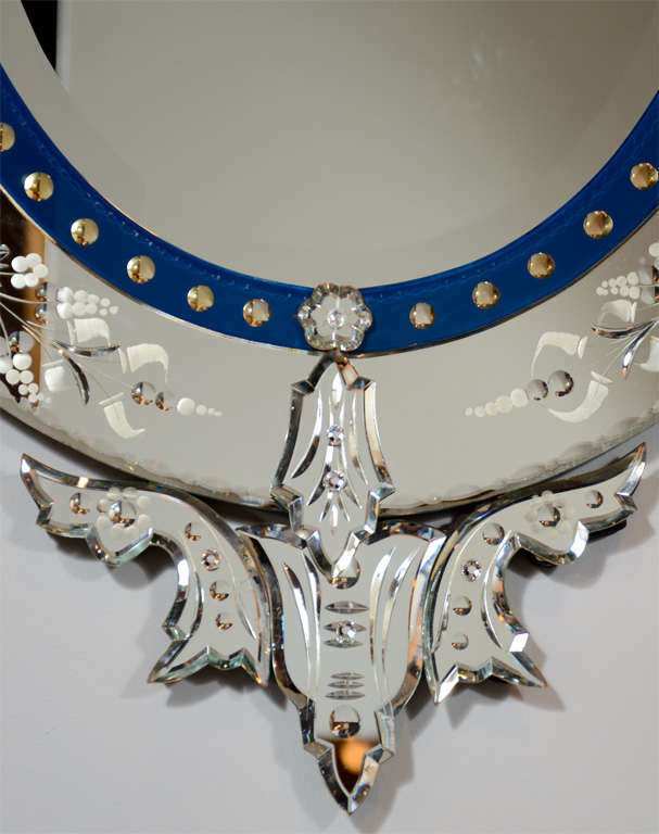 Outstanding Reverse Etched and Beveled Mirror with Inset Blue