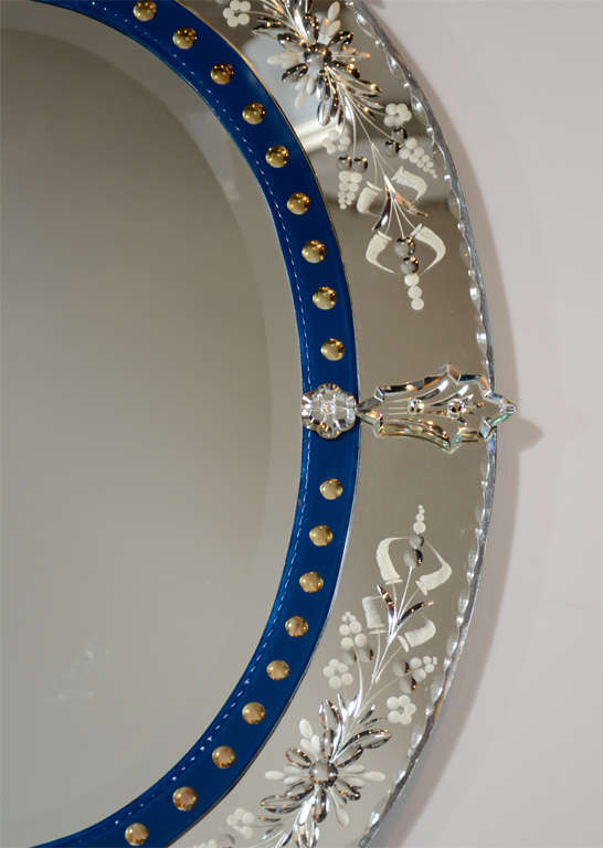 Outstanding Reverse Etched and Beveled Mirror with Inset Blue