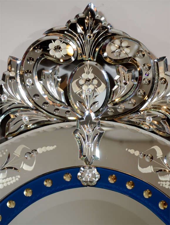 Outstanding Reverse Etched and Beveled Venetian Mirror with Inset Blue ...