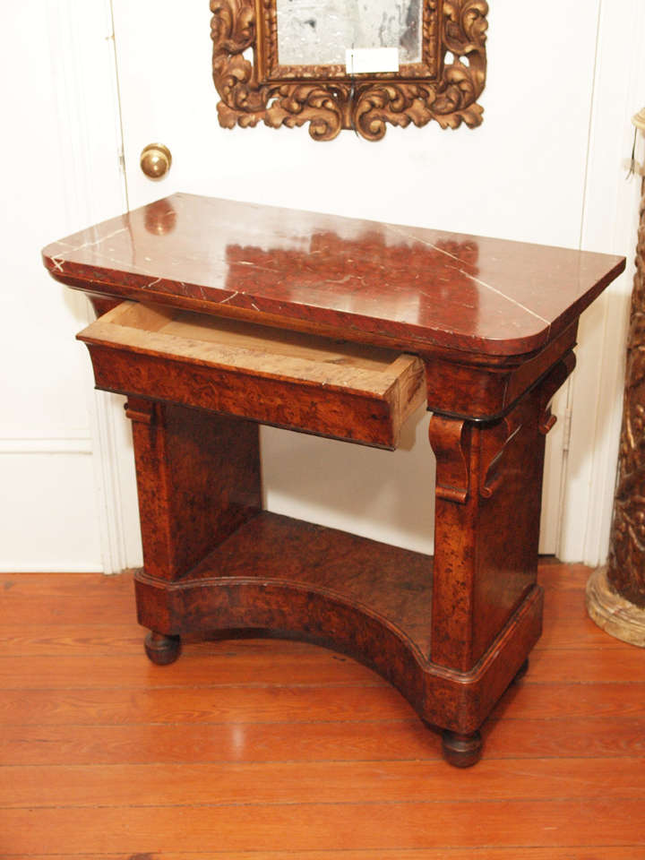 French Charles X Burl Console Table with Rouge Marble Top