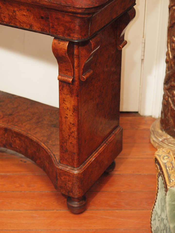 Charles X Burl Console Table with Rouge Marble Top In Excellent Condition In Natchez, MS