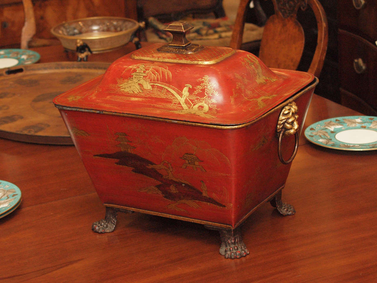 19th c. English Regency  Tole Lidded Coal Scuttle with red and gilt  chinoiserie decoration.  
