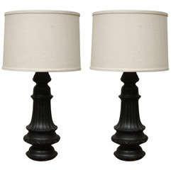 Antique Pair of French Ebonized Carved Posts at Table Lamps, Circa 1880