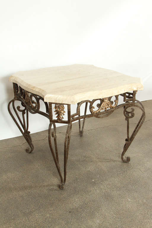 20th Century Pair of Outdoor Garden Side Tables Gilt Iron Base with Limestone Top