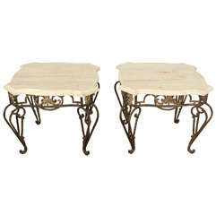 Vintage Pair of Outdoor Garden Side Tables Gilt Iron Base with Limestone Top