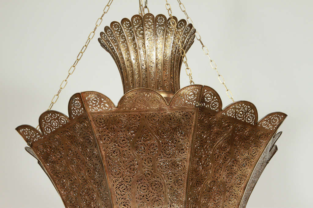 Hammered Moroccan Moorish Brass Riad Chandelier Oversized For Sale