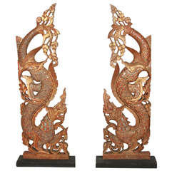 Pair of Large Thai Gilt Wood Sculpture of Dragons