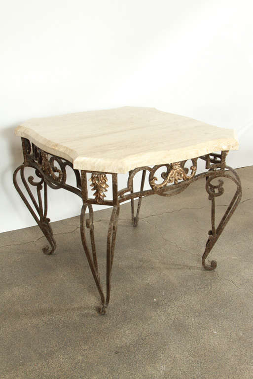 Pair of Outdoor Garden Side Tables Gilt Iron Base with Limestone Top at