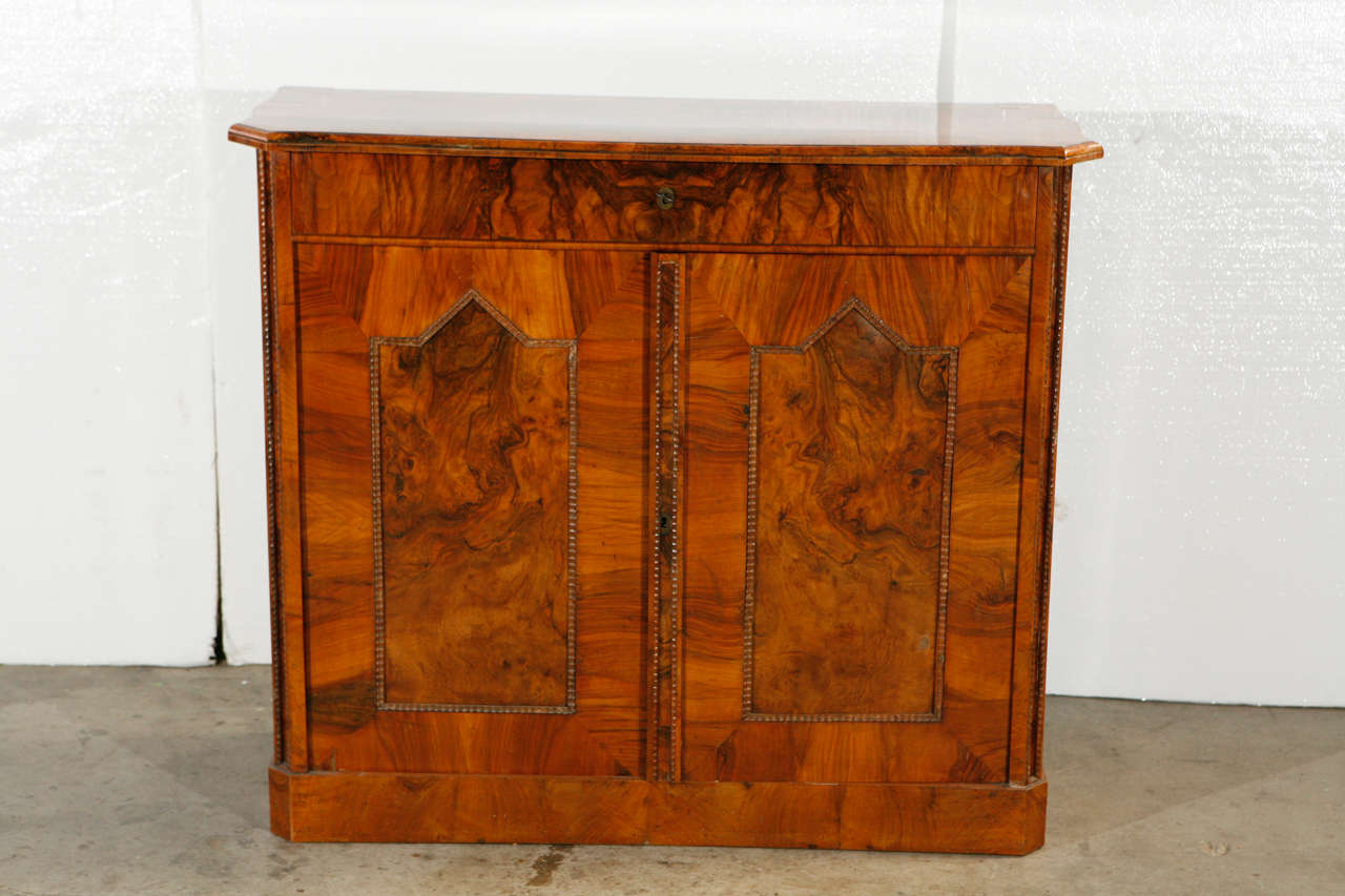Biedermeier cabinet from Austria, mid 19th century with burlwood veneer.
Beautiful condition with very bright, clean finish and unaltered patina.  
Interior shelves.  Dovetailed construction.
Locks on drawer and door original and in working