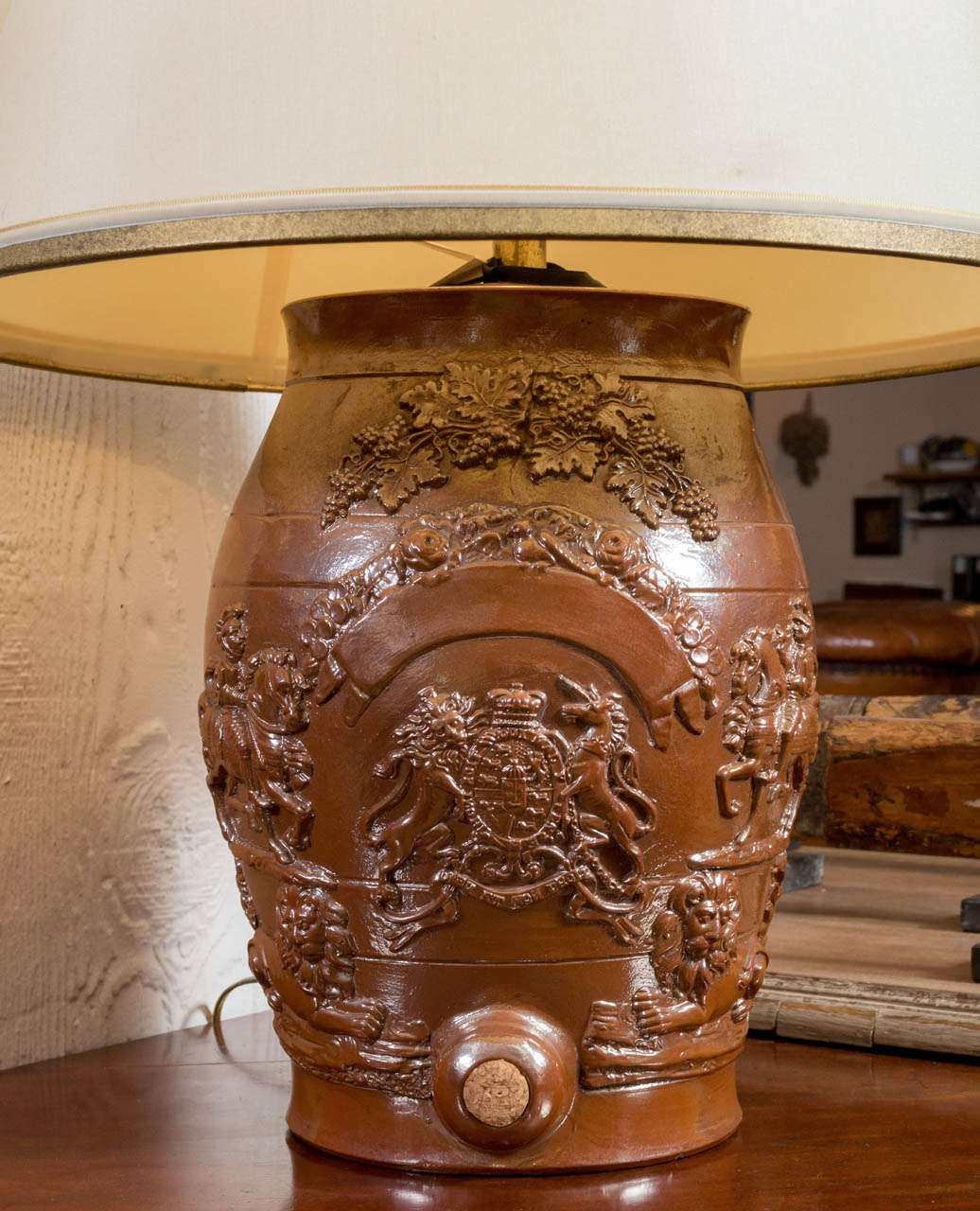 Royal Doulton Spirit Barrel made into lamp. English, Circa 1880