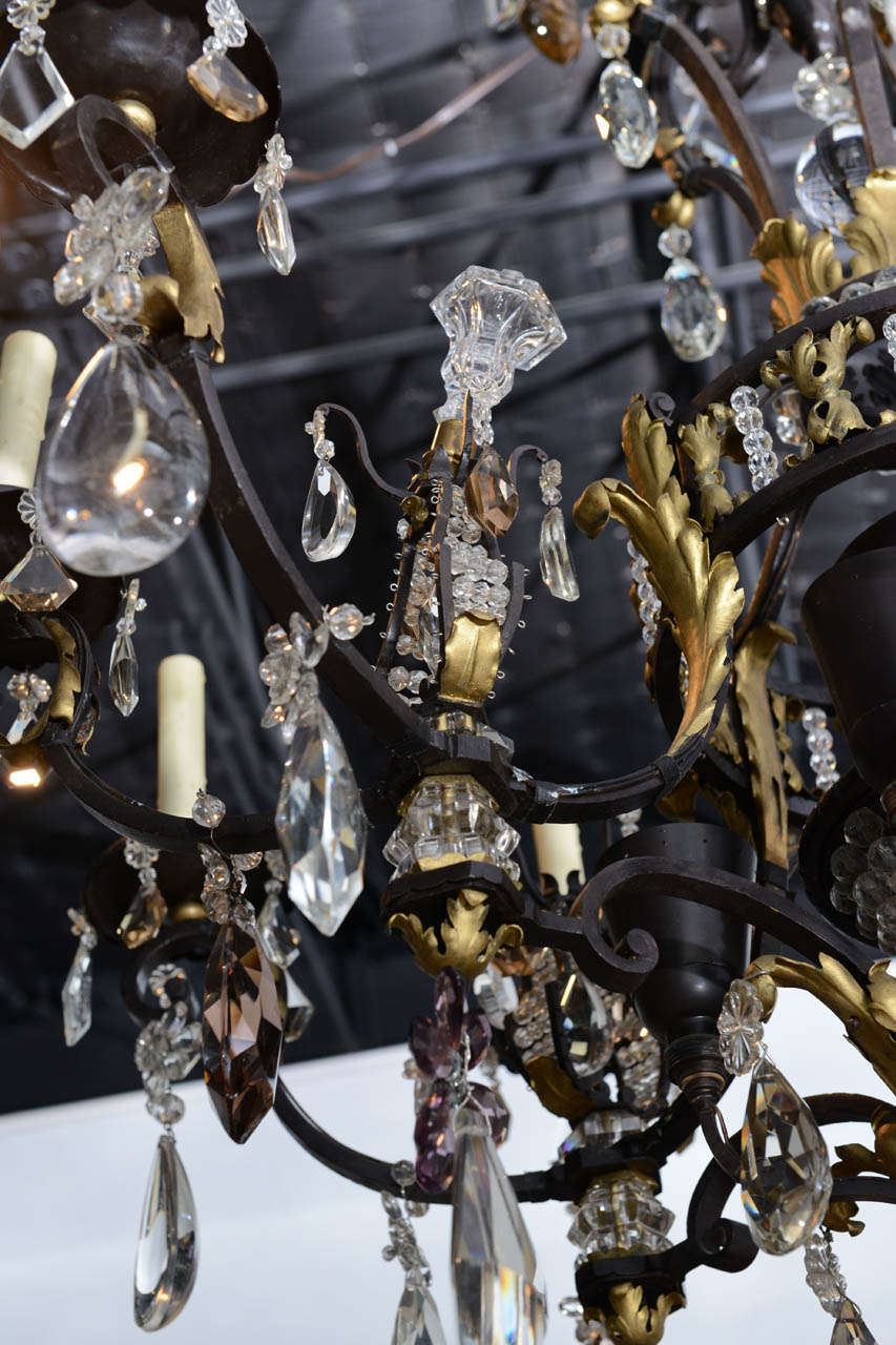 Large French Iron, Gilt Iron, Crystal and Rock Crystal Chandelier In Excellent Condition For Sale In Hollywood, FL