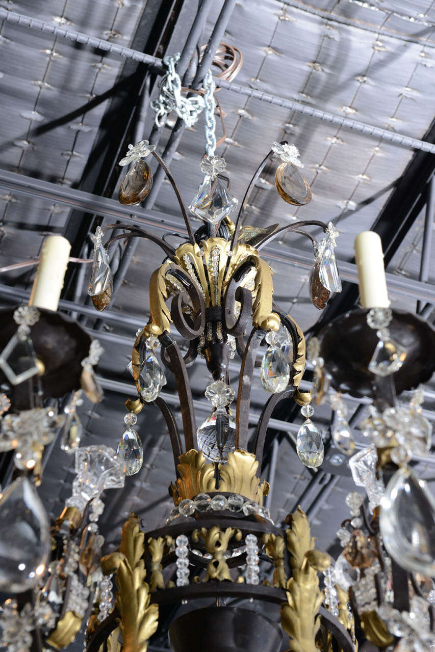 Large French Iron, Gilt Iron, Crystal and Rock Crystal Chandelier For Sale 1