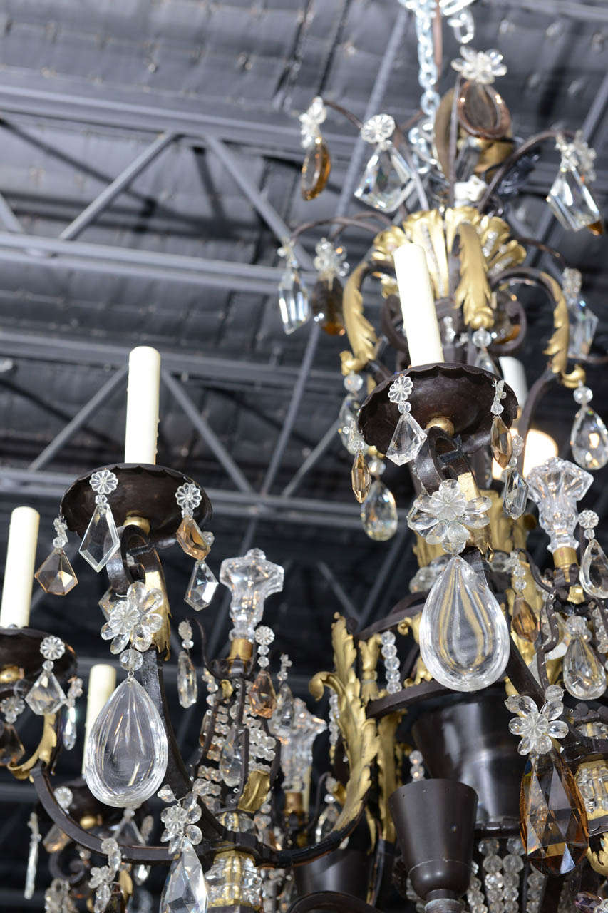 Large French Iron, Gilt Iron, Crystal and Rock Crystal Chandelier For Sale 2