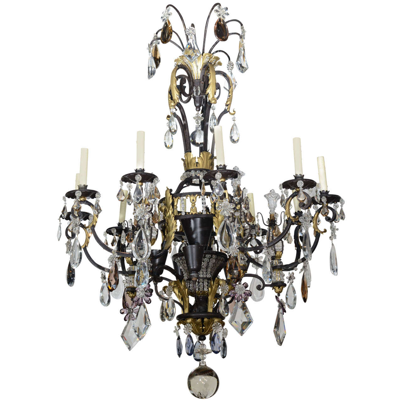 Large French Iron, Gilt Iron, Crystal and Rock Crystal Chandelier For Sale