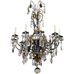 Large French Iron, Gilt Iron, Crystal and Rock Crystal Chandelier