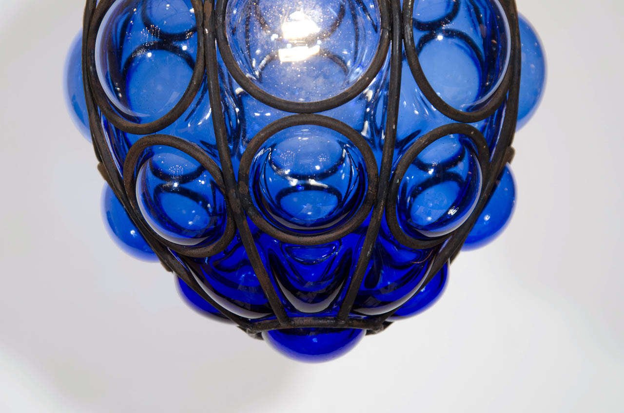 Italian Seguso Murano Caged Indigo Glass Pendant