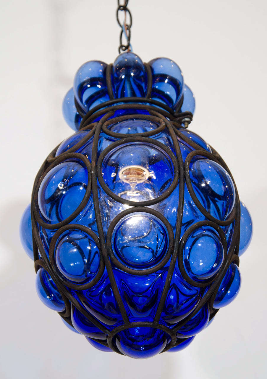 Seguso Murano Caged Indigo Glass Pendant In Good Condition In New York, NY