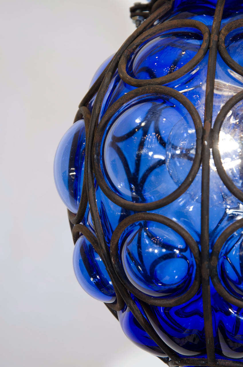 20th Century Seguso Murano Caged Indigo Glass Pendant