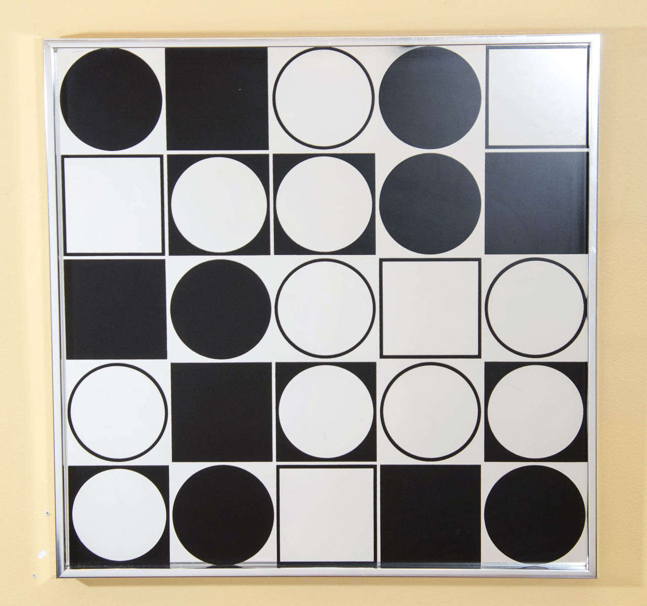 A fun accent wall decoration or mirror with applied black graphics. Mirror can be mounted squared or diagonally. Please contact for location. 