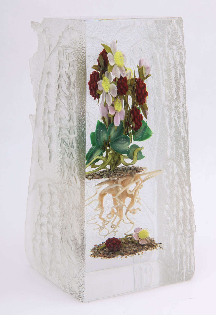 An important Paul Stankard glass botanical with raspberries, blossoms, roots and spirits, sandblasted by Barry Sautner on three sides with  weeping willows, one of two known, purchased from the artists