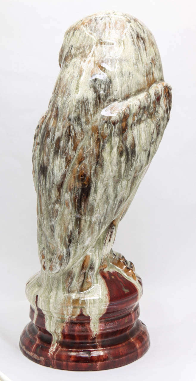 A Rare Signed Emile Galle Faience Owl In Excellent Condition For Sale In New York, NY