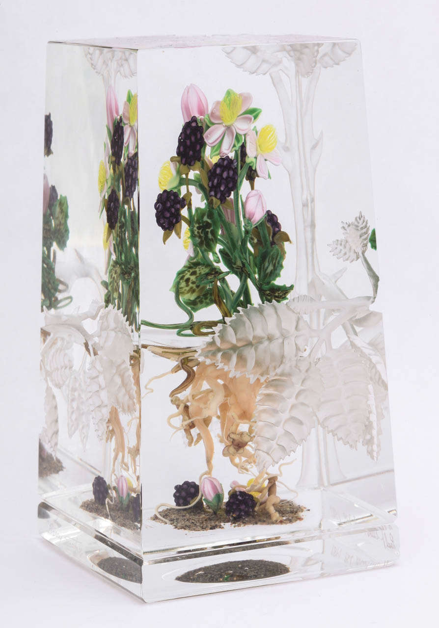 An important Paul Stankard glass botanical with blue berries , blossoms, roots and spirits and sandblasted by Barry Sautner with a thorny vine on all four sides, one of two know, purchased from artists