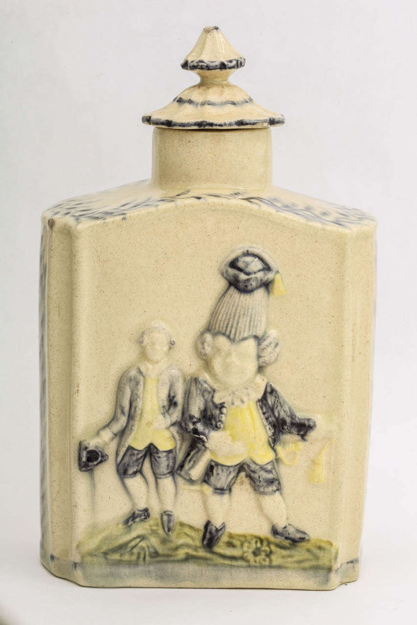 A Fine English Creamware Pottery Covered Tea Caddy With Macaroni Figures For Sale 1